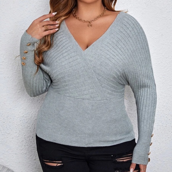Plus Grey Button Detail Ribbed Sweater Top - Picture 3 of 4